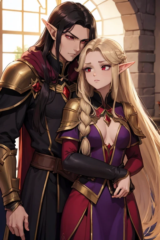 a female adult elf with weavy darkblonde hair visible forehead and demon wings wearing female purple armor next to a tall male adult good looking elf with *very long dark black hair* and red eyes wearing red armor couple dark athmosphere male with black hair