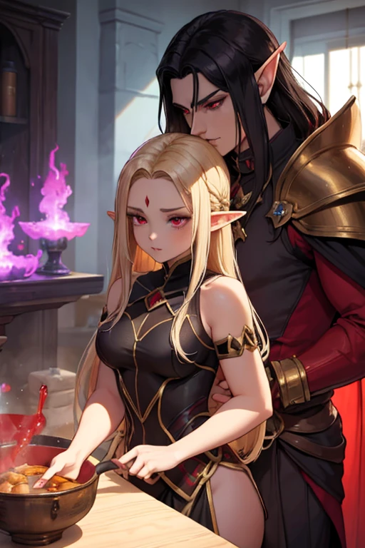 a female adult elf with weavy darkblonde hair visible forehead and demon wings wearing female purple armor next to a tall male adult good looking elf with *very long dark black hair* and red eyes wearing red armor couple dark athmosphere male with black hair