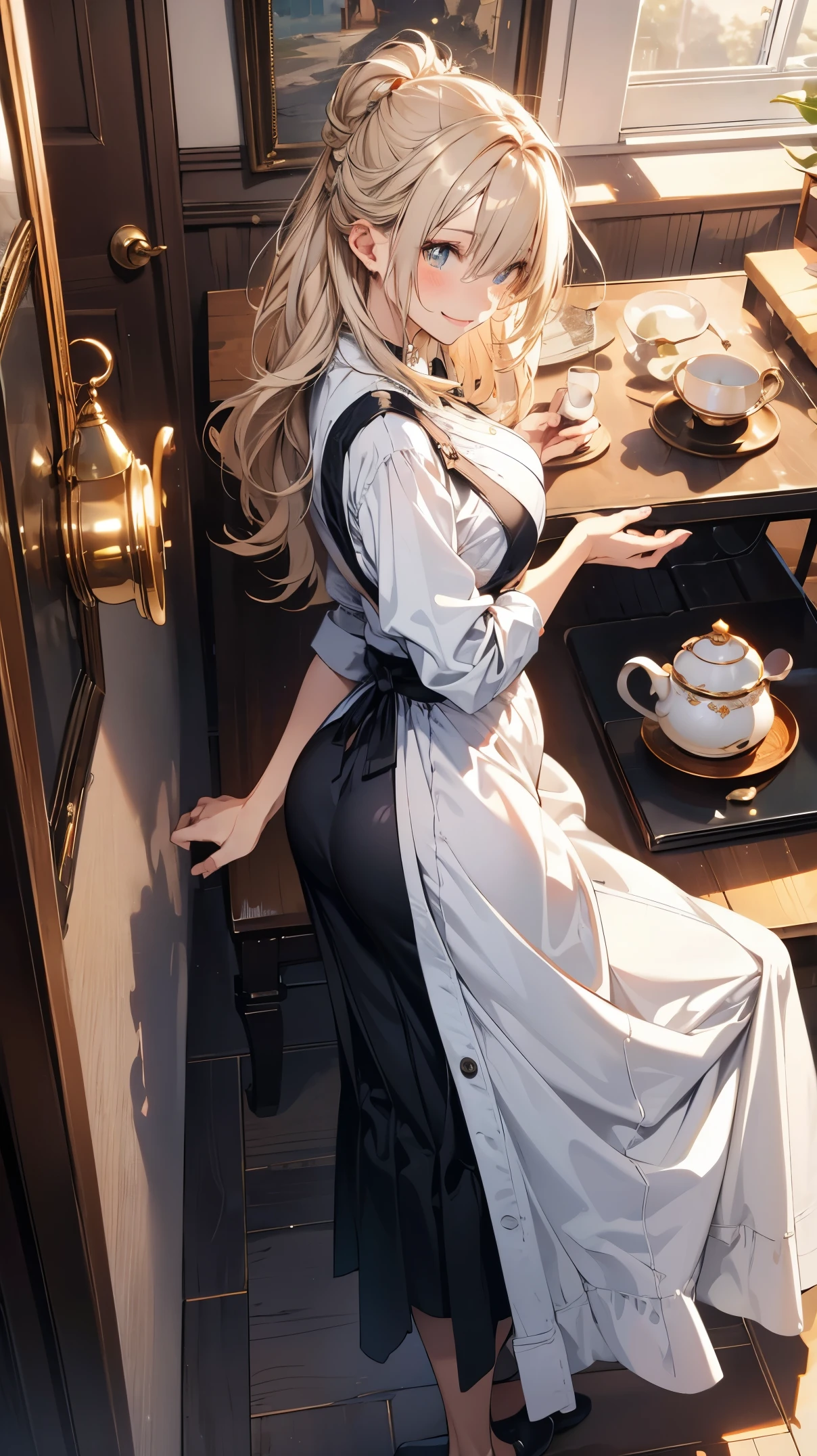 (Masterpiece, best quality), (ultra high resolution, 8K RAW photo, photo realistics:1.5, textile shading, thin outline), Beautuful Matured woman preparing tea-time, (tea set, tea pot, tea cups), wearing traditional sick maid uniform, maid costume:1.2, long flare skirts, apron, Tall and long legs, long white hair, wearing rimless grasses, (milf:1.5, 28 years old, solo), (large breast, sagging breast, big tits, narrow waist), (long white hair, hair over one eye, half updo, asymmetric hair, wavy hair), (bright pupils, detailed eyes, high detailed face, Perfect face shape, eye rush), (seductitve smiling, half-closing eyes), (looking at viewers:1.3), (dynamic angle, tighs focus, from side above:1.2), (correct anatomy:1.5, correct hands), (ideal ratio of body proportions),