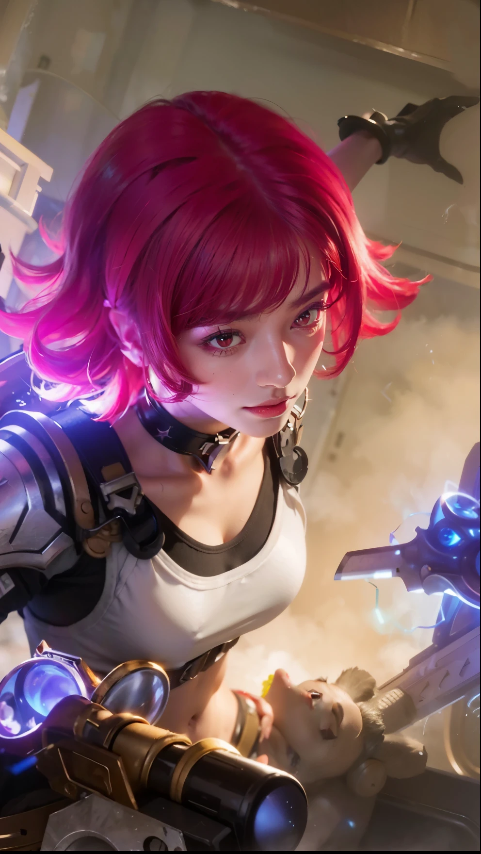 (female:1.2), 8k, ultra hd, ultra detailed texture, hyper realistic, masterpiece, detailed texture, detailed face, detailed skin, detailed lighting, (photorealistic:1.5), best quality, beautiful lighting, cinematic lighting, professional lighting, ultra highres, realistic, detailed hair, real hair, high quality, (realskin:1.5), extremely detailed, finely detail, ultra-detailed, 1girl, solo, floating, (red eyes:1.5), fire eyes, glowing eyes, black lips, v-shapped eyes, closed mouth, angry, colored skin, dark skin, purple skin, nose, pretty, beautiful, make up, cute face, evil smile, short hair, red hair bangs, large breasts, thigh, pauldrons, black pants, belt, purple coat, mechanical wings, armor shoulder, gloves, eudora \(mobile legends\), depth of field, looking aways, skin tight, amazing pose, glowing electric, lighting, blurry background
