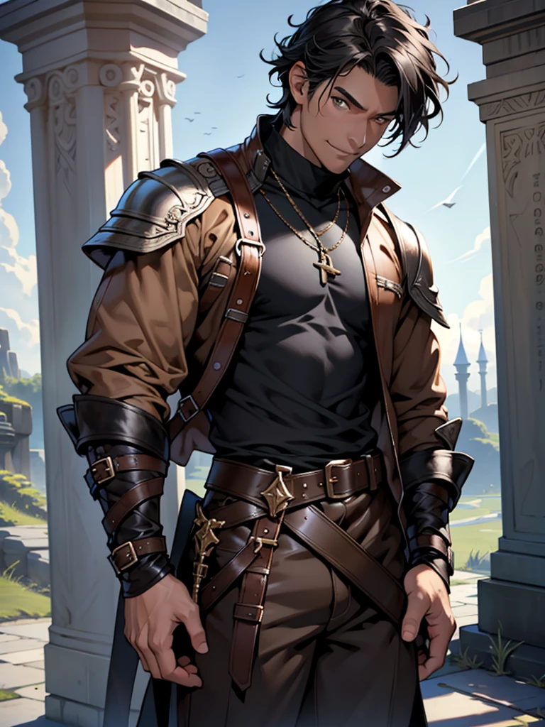 1boy, light caramel skin color, medium rough black hair, fantasy clothes, jacket, brown pants, brown eyes, smirking, absurdres, high res, ultrasharp, 8K, masterpiece, looking at viewer, holding sword over shoulder in the other, black obelisk pommel and hilt, big bulge
