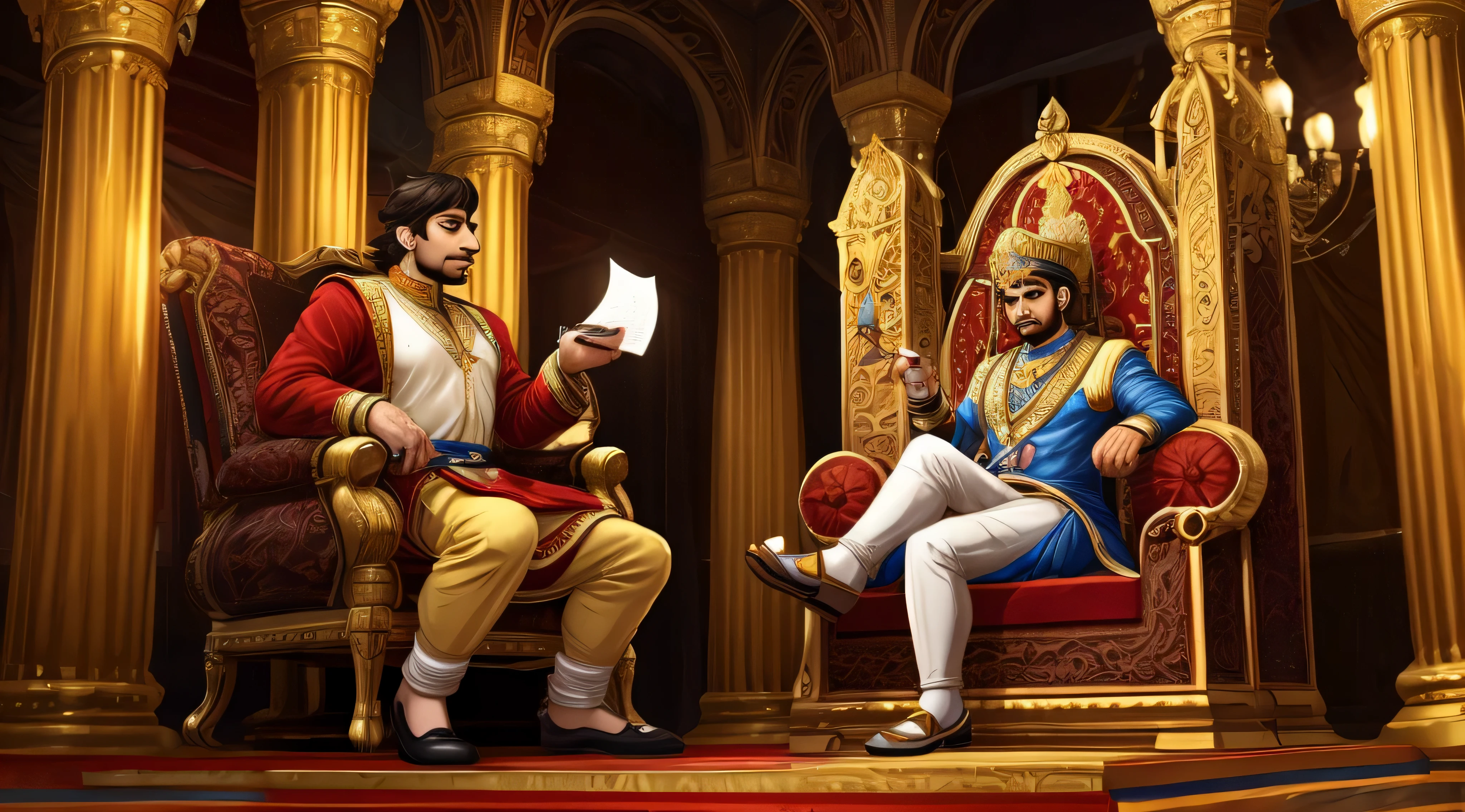 Imagine a grand, opulent court setting with Emperor Akbar seated on a majestic throne. The atmosphere is filled with anticipation as Akbar presents Birbal with the riddle. Capture the intricate details of the court, from the ornate decorations to the intrigued expressions of the courtiers.
