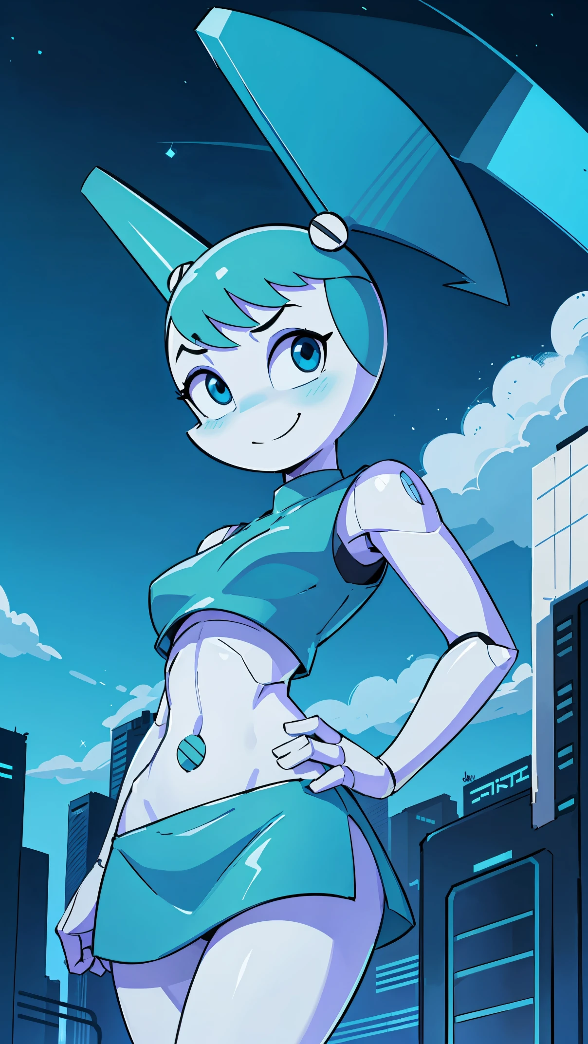 High quality portrait of Jenny Wakeman fighting aliens in a futuristic city. Day time. Smirk. Robot body, robot joints. Blue bolt on belly button, blue mini skirt