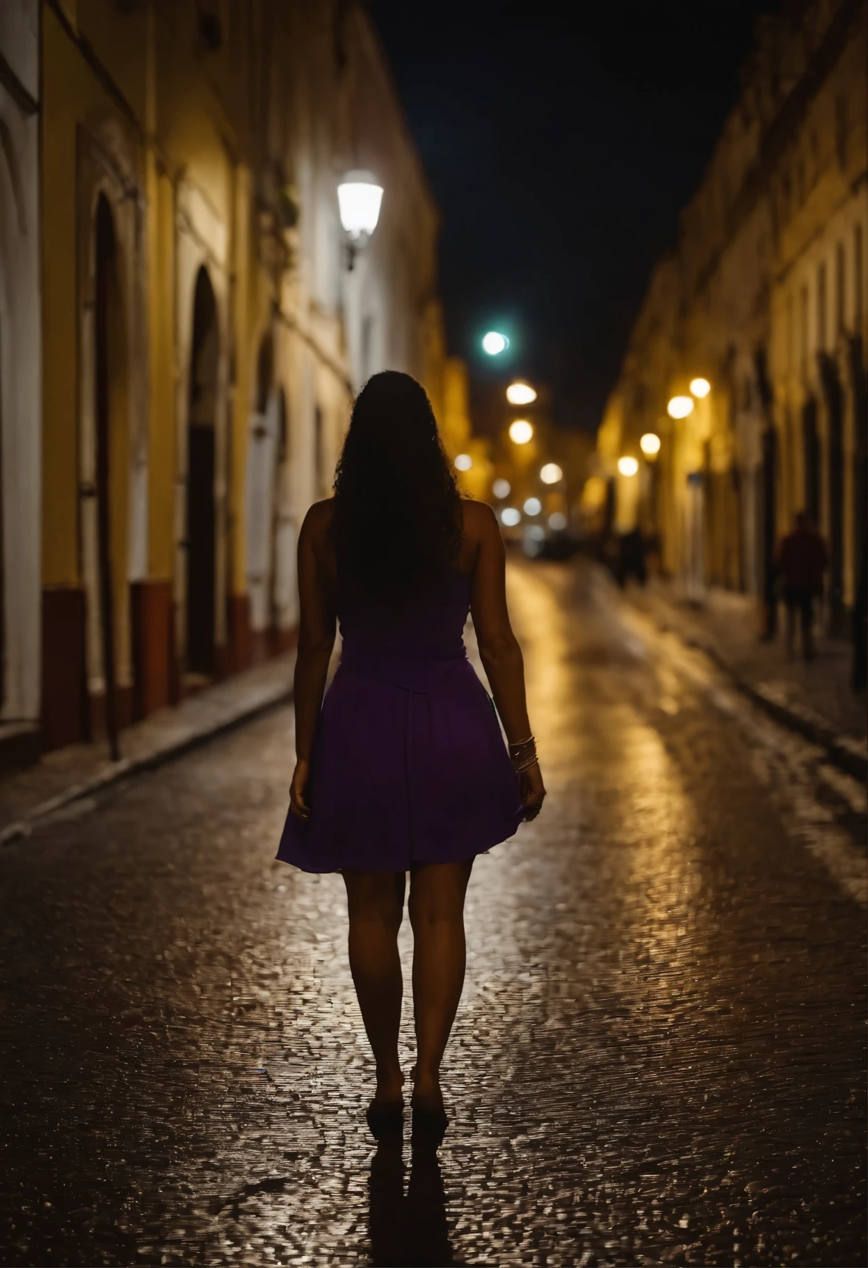 A girl on the street at night,rico em detalhes,melhor qualidade,fotorrealista,night ligthning,cores vivas,City scenery,dramatic atmosphere,Sozinho,thoughtful expression,cabelo preto comprido,breathtaking beauty,As luzes da cidade brilham,sombras e reflexos,mistic ambient,paredes cobertas de graffiti,ruas vazias,pavimento molhado,gotas de chuva cintilantes,Silhouette of a tall building,Blurred headlights in the background,Sentimento surreal,atmosfera de nevoeiro, exploration,calm and peaceful,Passeio noturno,traje da moda,olhar cativante,tons sutis de azul e roxo,Becos estreitos e cantos escondidos