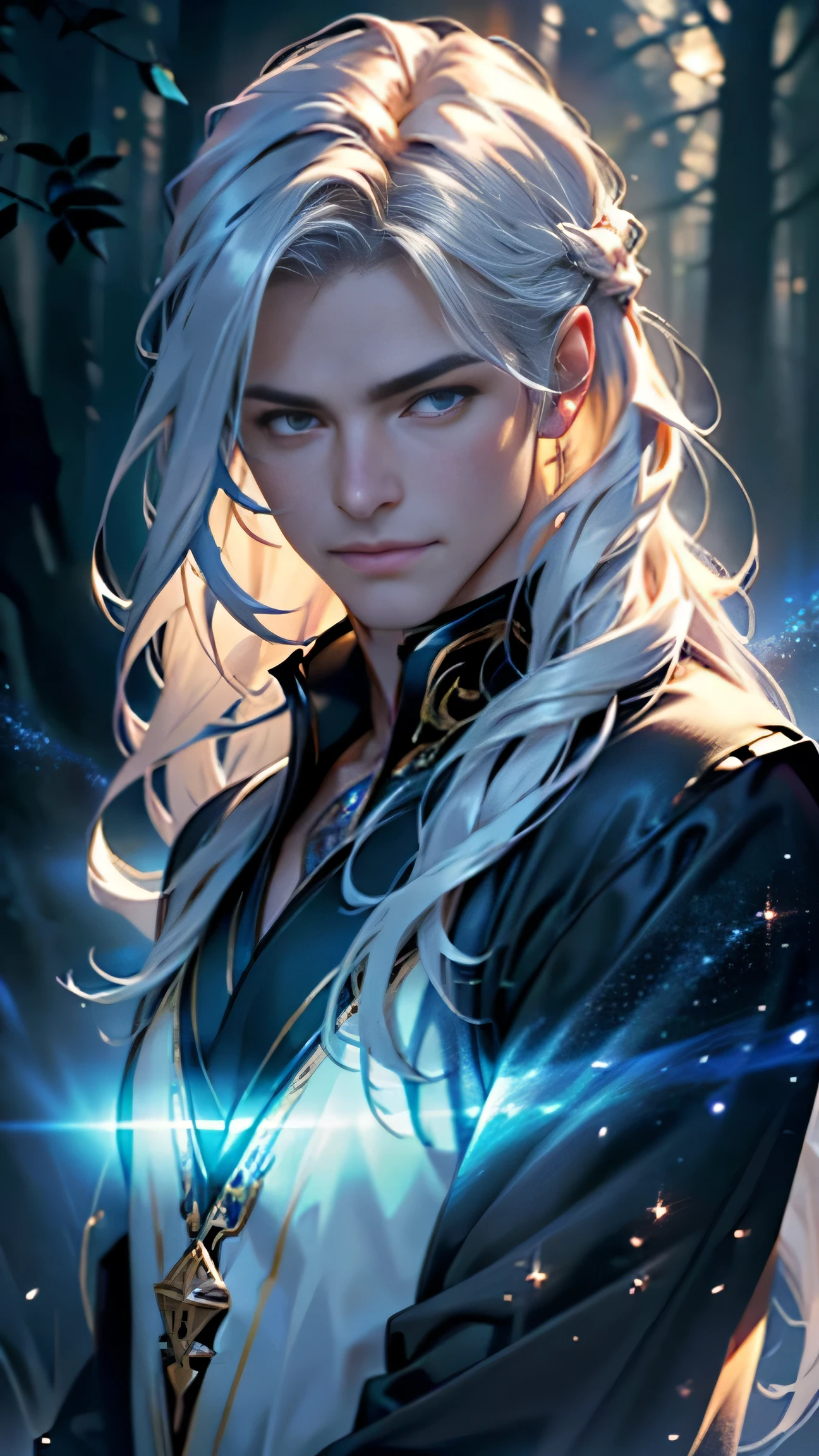 This guy, with a face intricately painted blue, exudes an otherworldly aura, resembling the Roman god of the night, Europa or Selene. His features are depicted in hyper-realistic detail, showcasing every curve and contour. Vivid, saturated blues dominate the image, casting a spellbinding glow on his visage. The cool, silver sheen of his painted skin contrasts beautifully with his dark, seductive eyes. A gentle breeze ruffles his long, wavy silver hair, adding an element of motion to the still scene. With a serene expression on his face, he gazes out into the velvet darkness, lost in thought, surrounded by the
