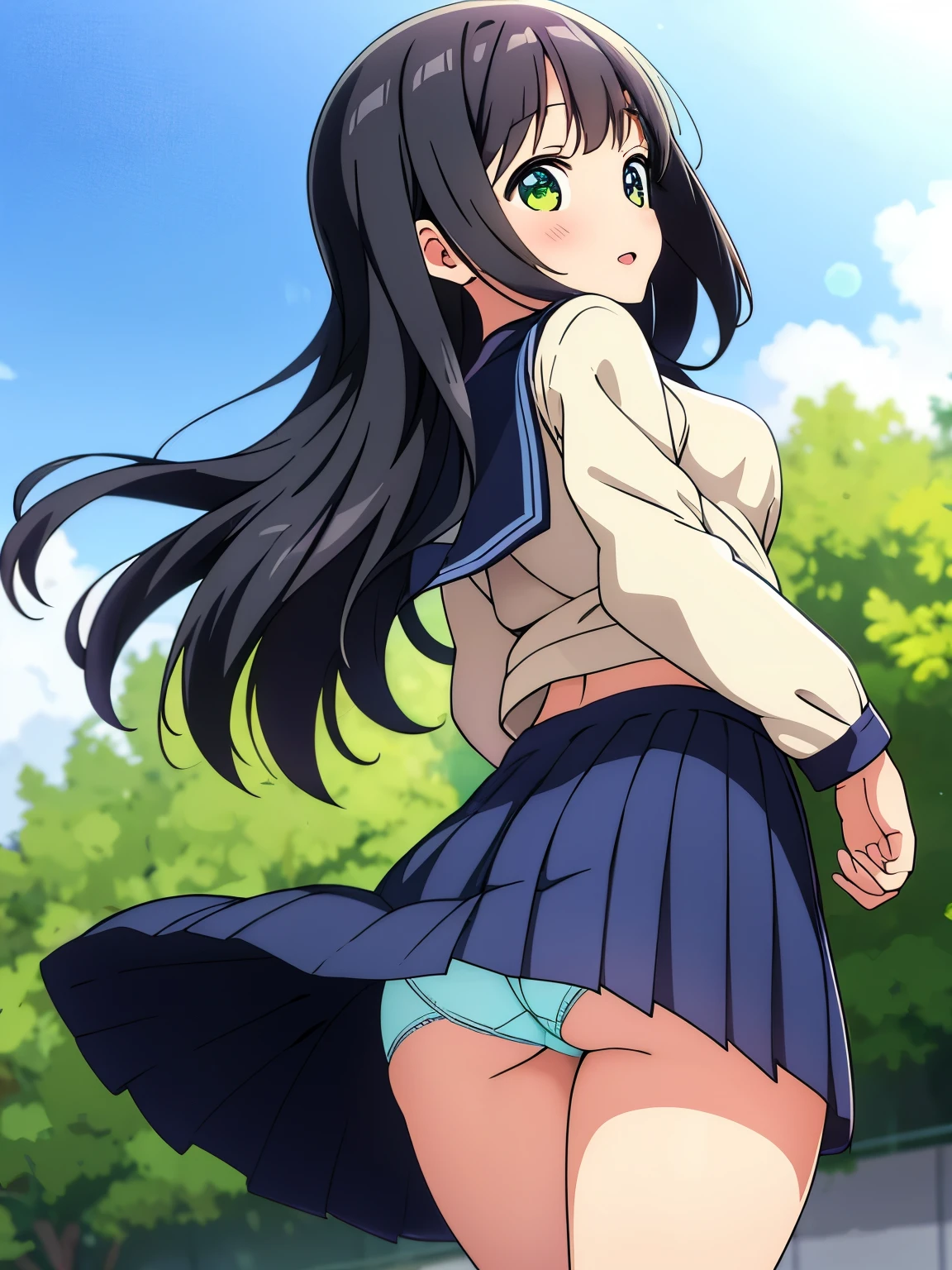 Anime girl in uniform walking down the street, official artwork, Anime visuals of cute girls, anime moe art style, Kantai Collection Style, beautiful anime high school girl, 8K!!, Rin, 8K!, Seifuku, Cute anime girl, Official art, by Jin Homura, kancolle, Smooth Anime CG Art, 3 poses before and after top-quality、Photorealsitic、8K picture quality、hight resolution、One Girl Unification、、Unification of hairstyles、skirt frills from、Half-taken clothes、Unbuttoned exposed breasts、Shot illustration in one illustration 3 Illustrations Pause the image from the front Posed image of underwear from directly below 3 poses where underwear can be seen through from the back Three Poses Sexy Front Le Underwear from low Angle from diagonally down trouser Angle from below the front hugging own legs Underwear is sheer