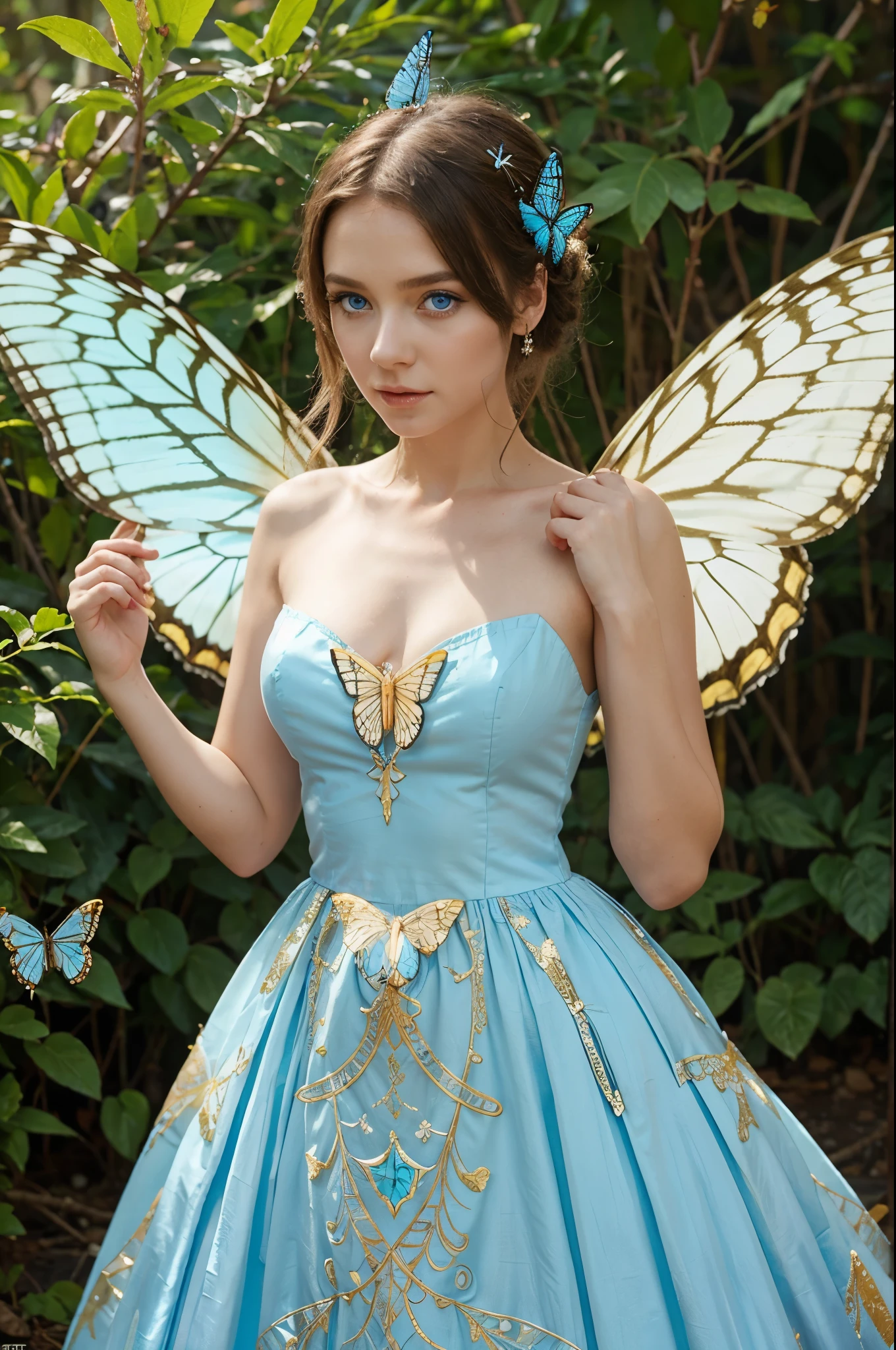 Create a fairy with blue eyes and a long white and gold dress. In a natural environment with butterflies approaching her