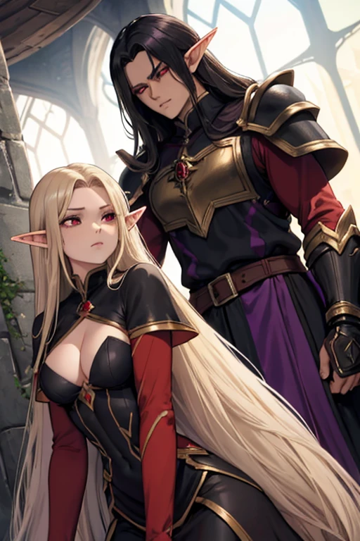 a female adult elf with weavy darkblonde hair visible forehead and demon wings wearing female purple armor next to a tall male adult good looking elf with *very long dark black hair* and red eyes wearing red armor couple dark athmosphere male with black hair
