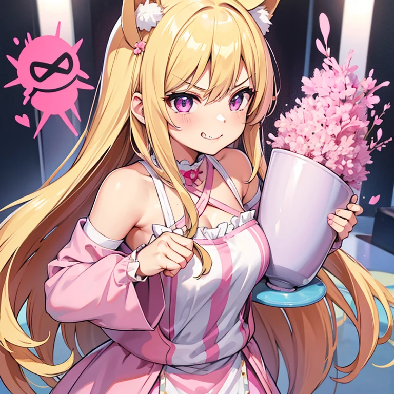 1 woman, waifu oppai, angry, smile challenging, long hair blonde with hair highlights pink, blue and pink eyes, pink and white clothes, kawaii, drinking tea