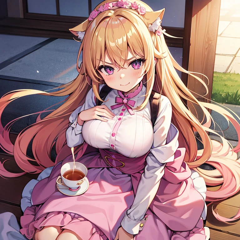 blush, neckleace,glowing aura, naturallight, work of art, shining skin, Juicy lips ,long hair, cute, kawaii, adorable, reaching, , to hug, kawaii clothes,random hair style,sensuous, Panas, , Random Expression, hair blonde, ((pink highlights in hair)), pink eyes, purple bunny ears, camp fire, pretentious smile, cups, braids and braids, neckleace, bright pink eyes, , Juicy lips, boba, hour glass, From  above, sitting down, cross legs, heart fingers
