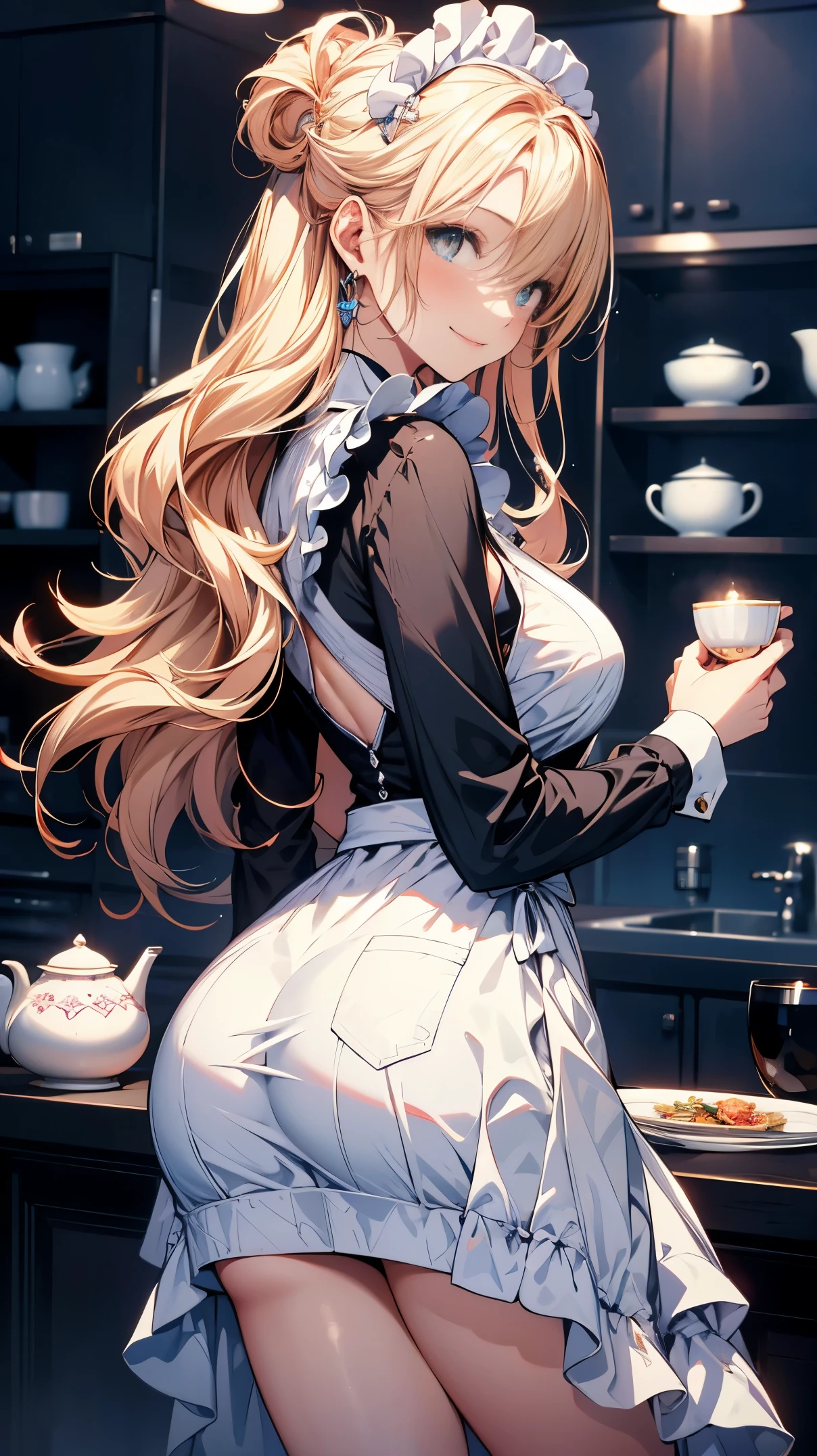 (Masterpiece, best quality), (ultra high resolution, 8K RAW photo, photo realistics:1.5, textile shading, thin outline), Beautuful Matured woman preparing tea-time, (tea set, tea pot, tea cups), wearing traditional sick maid uniform, maid costume:1.2, long flare skirts, apron, Tall and long legs, long white hair, wearing rimless grasses, (milf:1.5, 28 years old, solo), (large breast, sagging breast, big tits, narrow waist), (long white hair, hair over one eye, half updo, asymmetric hair, wavy hair), (bright pupils, detailed eyes, high detailed face, Perfect face shape, eye rush), (seductitve smiling, half-closing eyes), (looking at viewers:1.3), (dynamic angle, tighs focus, from side above:1.2), ((correct ???????:1.5, correct hands)), (ideal ratio of body proportions),