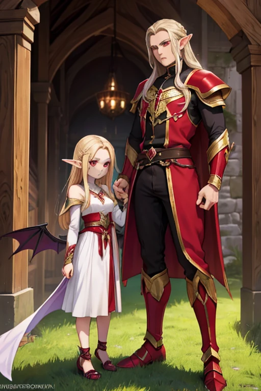 a female adult elf with weavy darkblonde hair visible forehead and demon wings wearing female purple armor next to a tall male adult good looking elf with *very long dark black hair* and red eyes wearing red armor couple dark athmosphere male with black hair