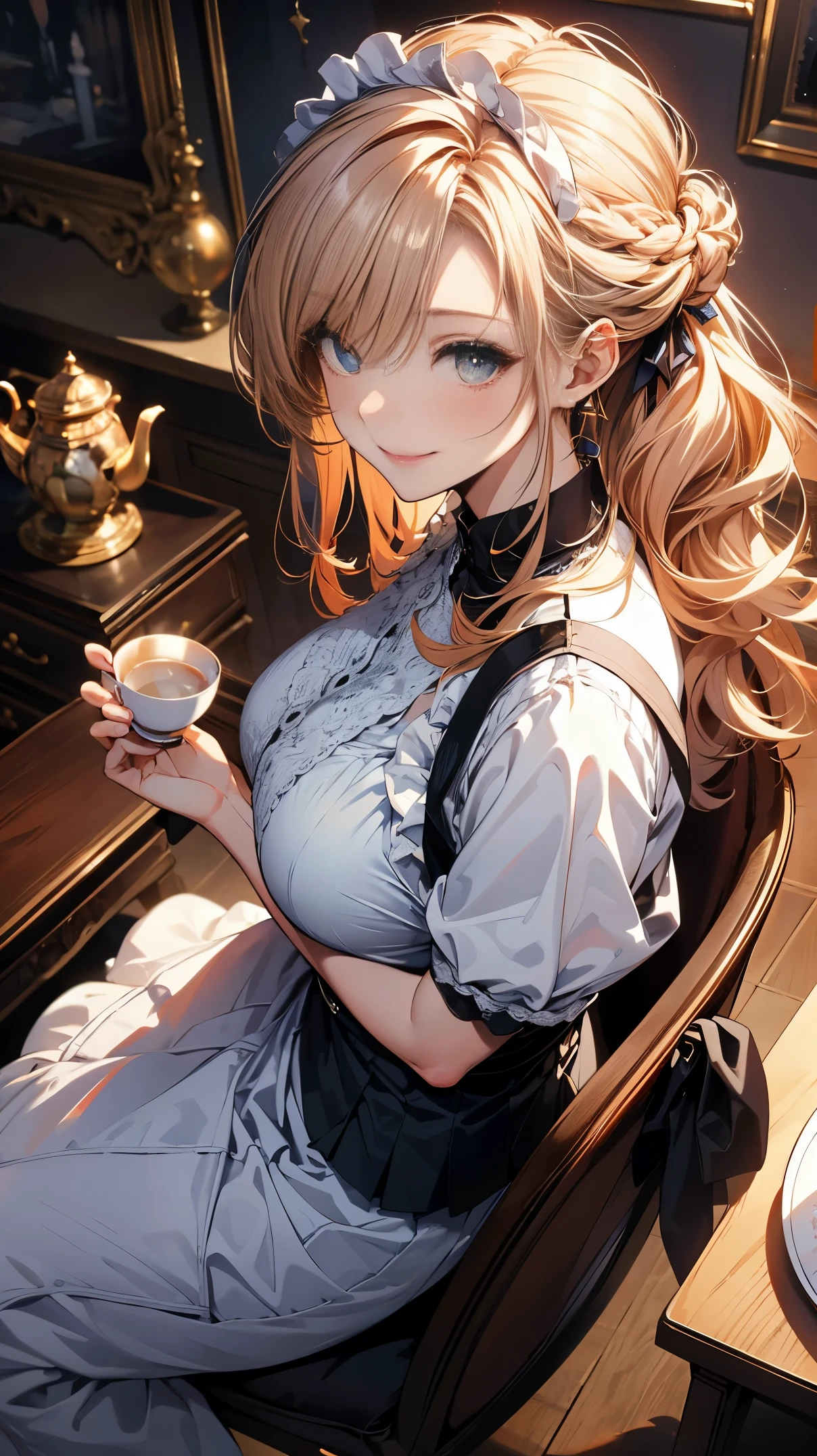 (Masterpiece, best quality), (ultra high resolution, 8K RAW photo, photo realistics:1.5, textile shading, thin outline), Beautuful Matured woman preparing tea-time, (tea set, tea pot, tea cups), wearing traditional sick maid uniform, maid costume:1.2, long flare skirts, apron, Tall and long legs, long white hair, wearing rimless grasses, (milf:1.5, 28 years old, solo), (large breast, sagging breast, big tits, narrow waist), (long white hair, hair over one eye, half updo, asymmetric hair, wavy hair), (bright pupils, detailed eyes, high detailed face, Perfect face shape, eye rush), (seductitve smiling, half-closing eyes), (looking at viewers:1.3), (dynamic angle, tighs focus, from side above:1.2), ((correct anatomy:1.5, correct hands)), (ideal ratio of body proportions),