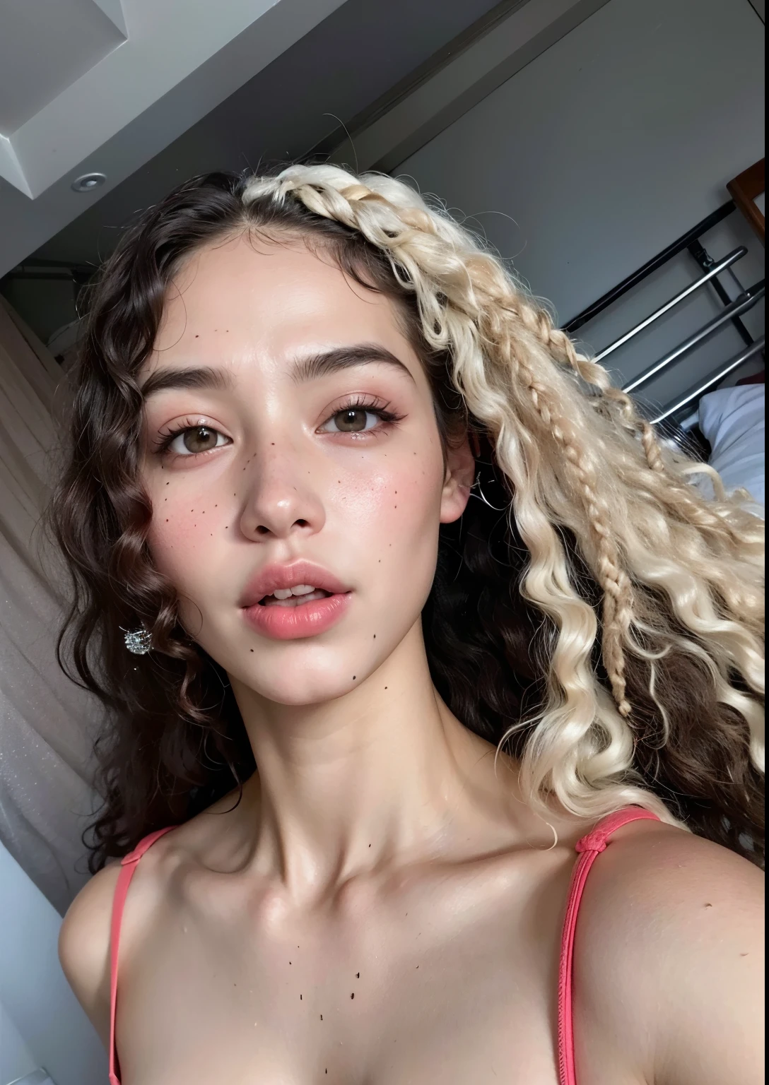 um close up de uma mulher com longos cabelos loiros usando um top rosa, she parece uma mistura de sujeira, parece uma mistura de sujeira, parece uma mistura de sujeira, parecendo uma mistura de sujeira, quanto, face like exposed ester, pele clara cabelo loiro cacheado, Retrato de Sophie Mudd, cabelo branco cacheado, Corte de cabelo cacheado com parte do meio