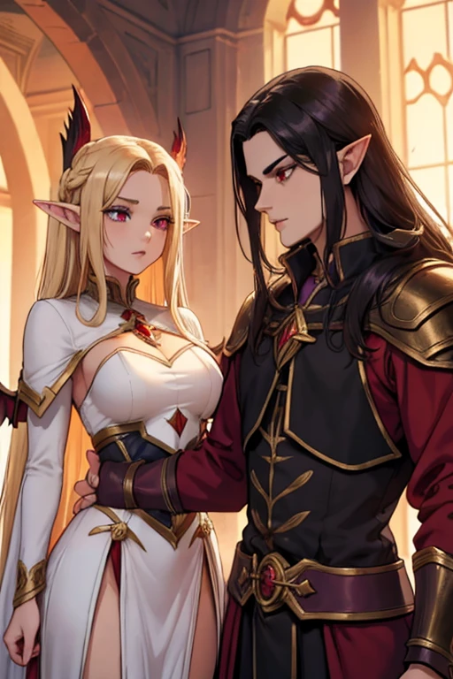 a female adult elf with weavy darkblonde hair visible forehead and demon wings wearing female purple armor next to a tall male adult good looking elf with *very long dark black hair* and red eyes wearing red armor couple dark athmosphere male with black hair
