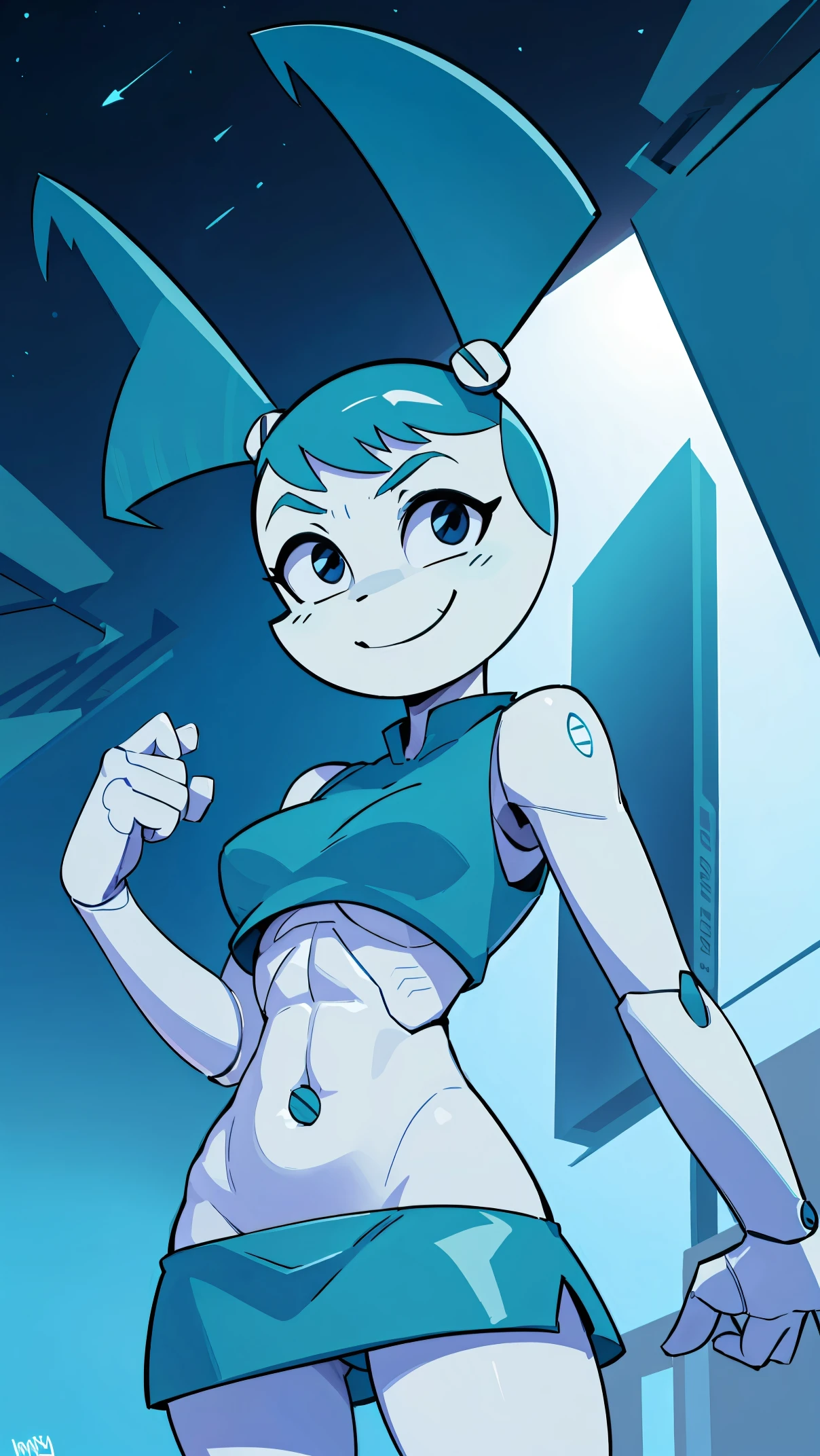 High quality portrait of Jenny Wakeman fighting aliens in a futuristic city. Day time. Smirk. Robot body, robot joints. Blue bolt on belly button, blue mini skirt