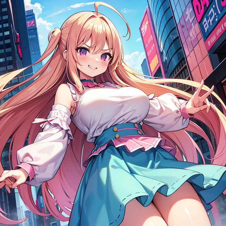 1 woman, waifu oppai, angry, smile challenging, long hair blonde with hair highlights pink, blue and pink eyes, pink and white clothes, kawaii, in the city 