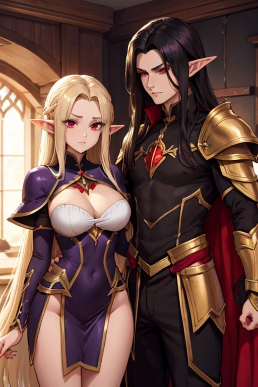 a female adult elf with weavy darkblonde hair visible forehead and demon wings wearing female purple armor next to a tall male adult good looking elf with *very long dark black hair* and red eyes wearing red armor couple dark athmosphere male with black hair