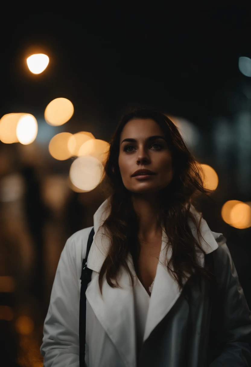 arafed woman in a white jacket standing in the chuva, pretty girl standing in the chuva, late night chuvaing, chuvaing portrait, chuva!!!!, chuvay night, in the chuva, it  night and chuvaing, chuvay evening, Retrato de Sophie Mudd, Bokeh alemão de arte 8k, chuvaing, at evening during chuva, pelo iraquiano Nadar