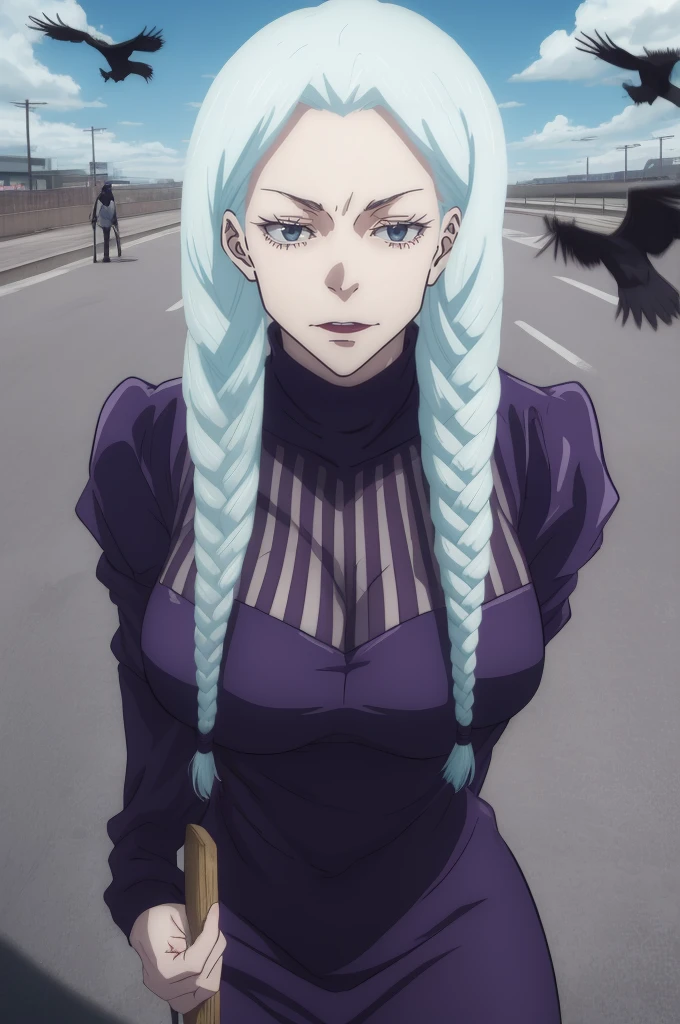 masterpiece, best quality, high quality, 
outdoors, street, 
looking at viewer, 
1woman, white hair, braided, black dress, Mei Mei from Jujutsu Kaisen, crows flying