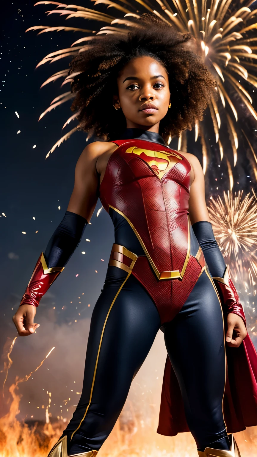 superhero black girl, fire works at the background
