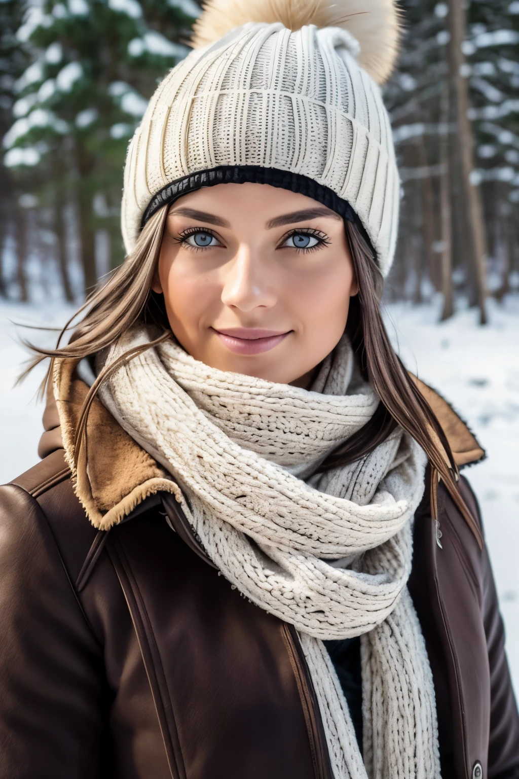 Natural Fotografie of a beautiful girl, Wearing a chic winter outfit with a scarf and hat, Alpen im Hintergrund, Ich beuge mich vor, Haar bis zur Brust, small bust, Blick in die Kamera, symmetrische Augen, symmetrisches Gesicht, slight smile, fotorealistisch, Fotografie, Wegverfolgung, spiegelnde Beleuchtung, volumetrisches Gesichtslicht, Pfad nachgezeichnetes Haar, sichtbare Schatten, kompliziert, durchdacht, best quality, masterpiece, ultra high res, 8K, raw, (photo realistic:1.4), (detailed background:1.2), Full Body Photography