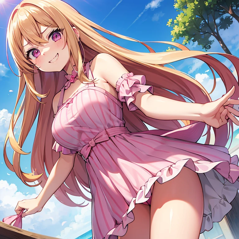 waifu oppai, angry, smile challenging, long hair blonde with hair highlights pink, blue and pink eyes, pink dress, vestido apretado, ajustado vestido, kawaii