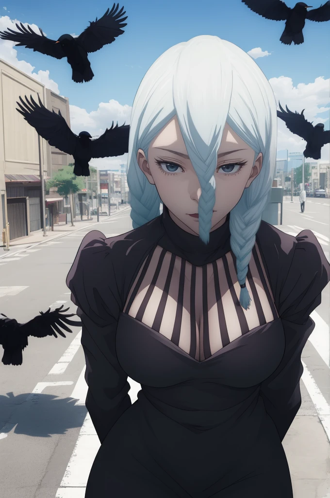 masterpiece, best quality, high quality, 
outdoors, street, 
looking at viewer, sexy,
1woman, white hair, braided, black dress, Mei Mei from Jujutsu Kaisen, crows flying