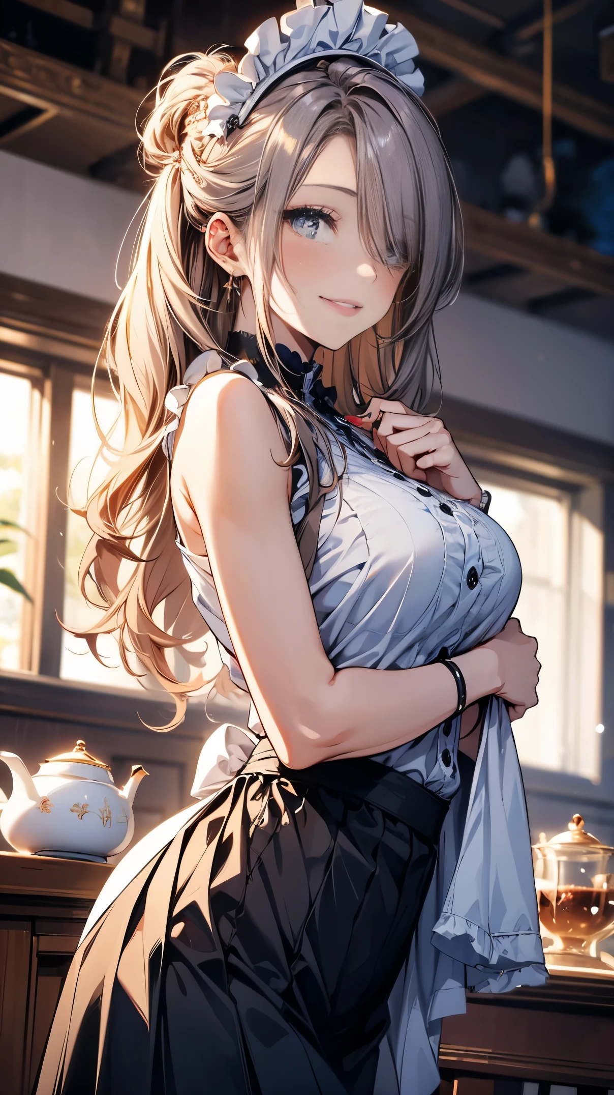 (Masterpiece, best quality), (ultra high resolution, 8K RAW photo, photo realistics:1.5, textile shading, thin outline), Beautuful Matured woman preparing tea-time, (tea set, tea pot, tea cups), wearing traditional sick maid uniform, maid costume:1.2, long flare skirts, apron, Tall and long legs, long white hair, wearing rimless grasses, (milf:1.5, 28 years old, solo), (large breast, sagging breast, big tits, narrow waist), (long white hair, hair over one eye, updo hair, side locks hair, asymmetric hair, wavy hair), (bright pupils, detailed eyes, high detailed face, Perfect face shape, eye rush), (seductitve smiling, half-closing eyes), (looking at viewers:1.3), (dynamic angle, tighs focus, from side above:1.2), ((correct anatomy:1.5, correct hands)), (ideal ratio of body proportions),