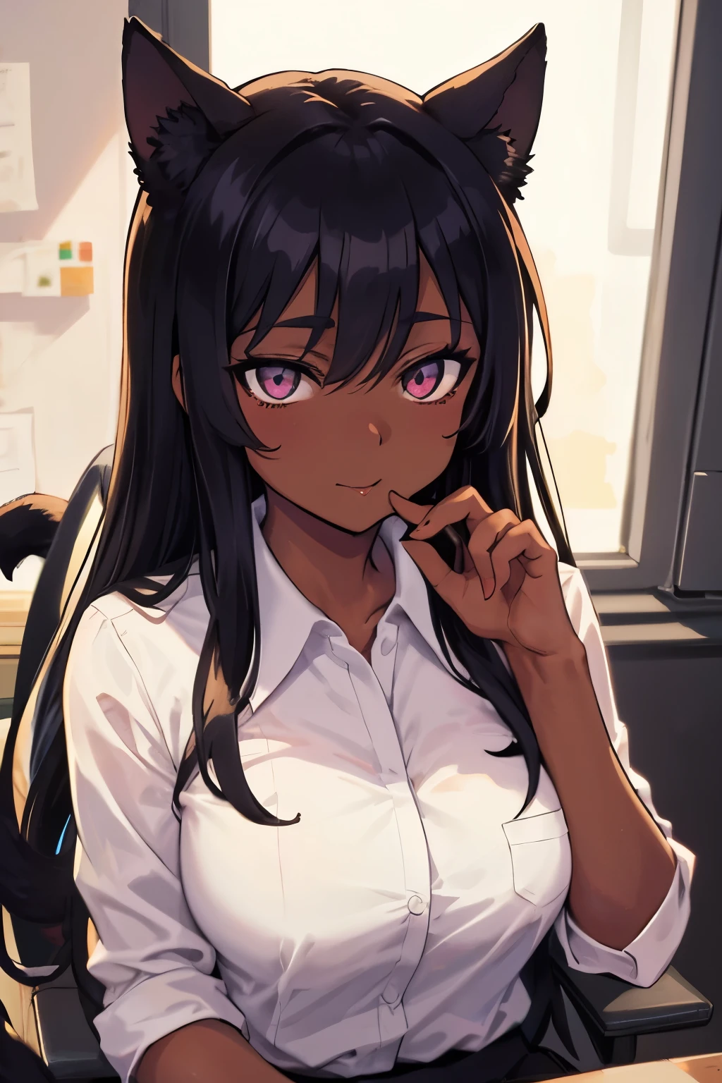 An elegant and sophisticated teacher playfully dresses up as an office lady in black stockings,
Retrato estilo anime de um sexy, African baby, com Jet-black Hair, olhos roxos, Pele escura, Orelhas de gato preto, 1 cauda, perfect composition, hiper-detalhado, 8k, alta qualidade, olhos perfeitos, arte em alta, trending on ArtStation, sharp focus, studio photo, detalhes intrincados, por tite kubo