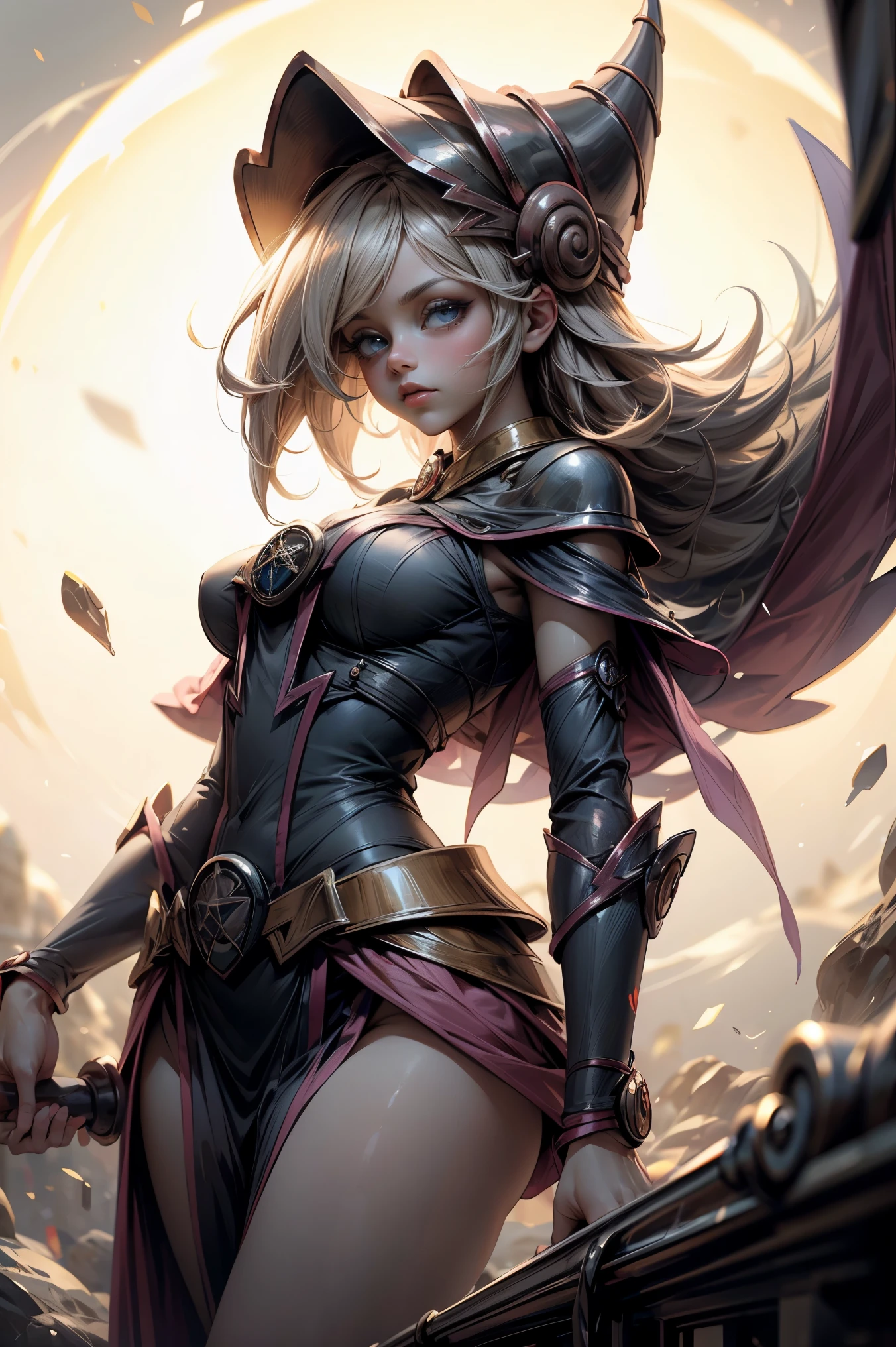 (Obra maestra:1.2), (La mejor calidad:1.2), Perfect lighting, Chica Maga Oscura lanzando un hechizo, In his twenties, flotando en el aire, tetas grandes, escote, blue robe, sombrero grande, desde arriba, Destellos, Yugioh juego, Magic of the Heart. Heart lights, Romantic Heart