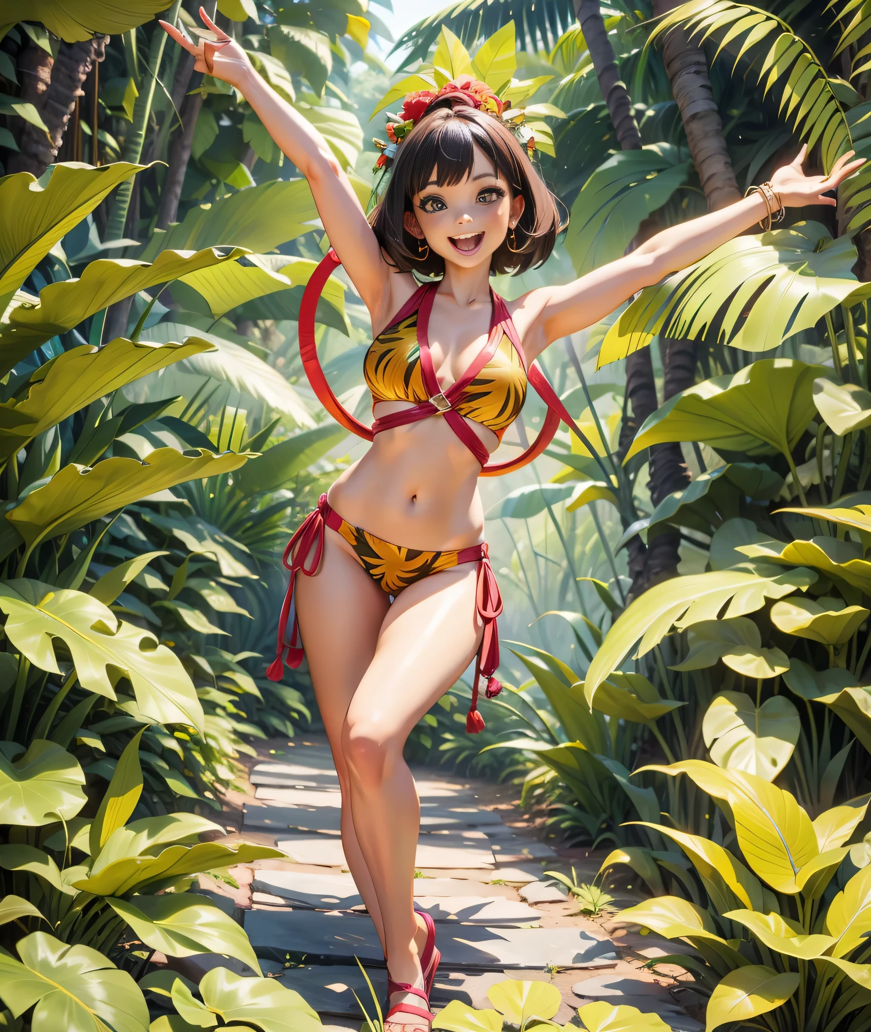 There is a woman standing on a path with her arms outstretched, na selva, na selva forest!!!, pose natural, na selva forest, pose divertida, em uma selva, posando!!, playful pose, pose frontal, pose legal, spinning, ela expressando alegria, Em um dia ensolarado, corpo inteiro centrado, em campo de alta qualidade, high resolution, obra de arte, 8k.