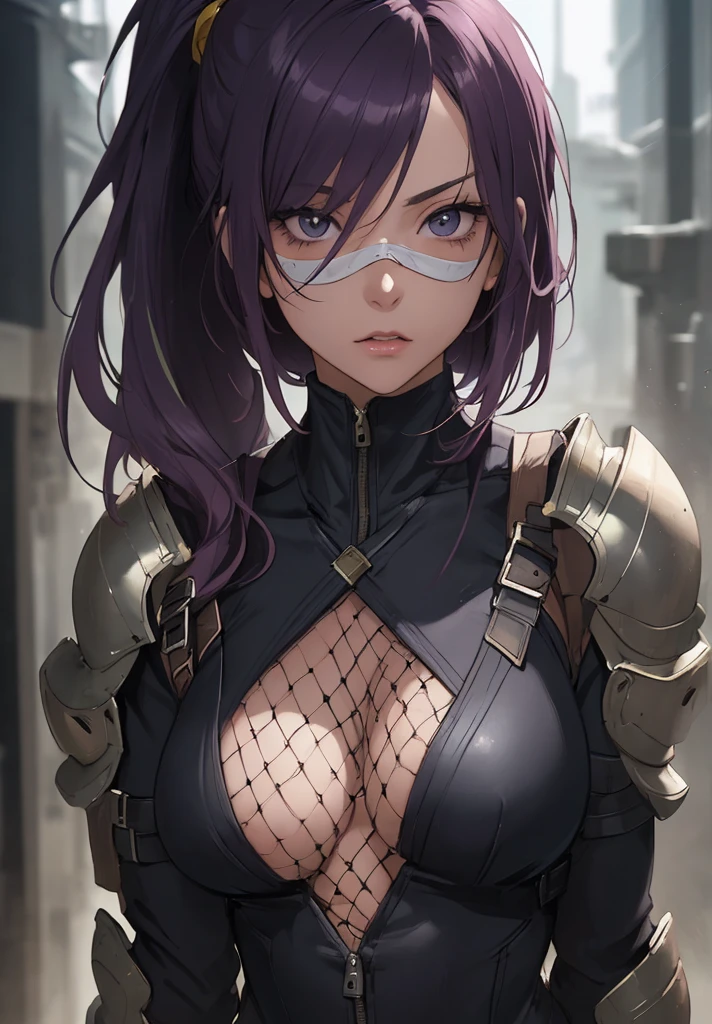 (Fantasy style), (anime), ((extremely detailed 8k illustration)), highretremely detailed and beautiful), ultra detailed painting, professional illustrasion, Ultra-precise depiction, Ultra-detailed depiction, (beautiful and aesthetic:1.2), HDR, (depth of field:1.4), (ninja gilr), beautiful face, beautiful eyes, black eyes, dark purple hair, hair over eyes, many colors, split-color hair, long hair, high ponytail, thin pubic hair, pubic tattoo, oily skin, bodystocking, fishnet tightlack mask:1.2), light armour, (ninja master:1.2), (fighting),