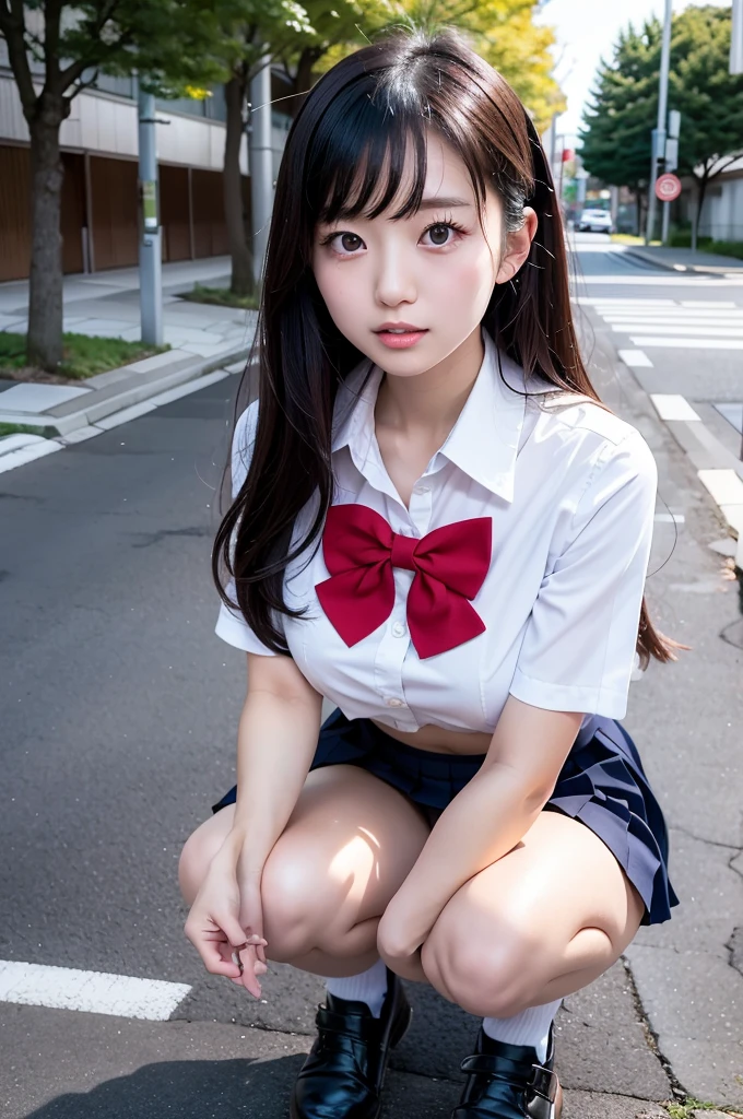 took a full body photo of a Japanese girl wearing a school uniform, the girl sat squatting with her legs spread apart as if deliberately showing her panties, she was squatting on the sidewalk giving a sexy pose with a lewd face, she must have thic and sexy areolas, and black hair, her chest must be big. Please make her look like a typical Japanese school girl in a white blouse, Red bow, Black shoes, knee socks and a very short pleated skirt. captures the natural lighting of the scene with a bright, sunny ambiance. Make sure your photos look authentic、Capture the energy and charm of Japan ren in a busy  environment