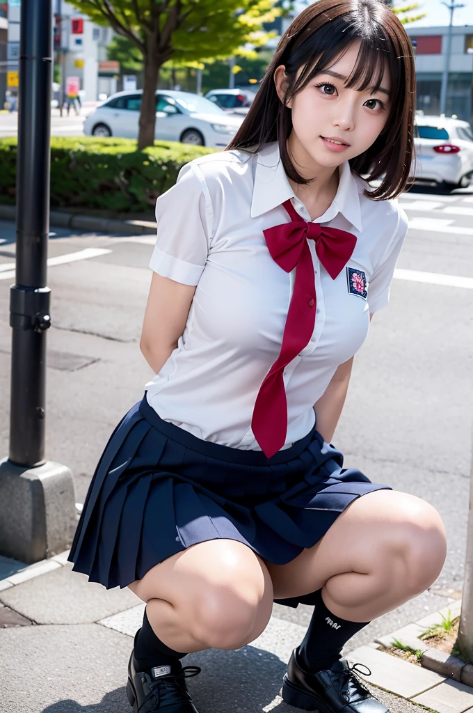 arafed asian woman in a school uniform posing for a picture, oppai, japanese model, full subject in shot, cute schoolgirl showing her genitalia to the viewer , underboobs, bottomless_waist_down_cunt, bottomless, waist down, japanese goddess, school girl, young sensual gravure idol, taken with canon 5d mk4, hyperrealistic schoolgirl, a hyperrealistic , ((showing her pussy)), (View from front), ((soft pubic bushes)), pubic, ((perfect_pussy_labia)), ((detailed genital labia)), (((female_genital)), kneeling,She Lift Up Her Skirt, ((the pose＞Physical education sitting)), spread legs tight pussy, in front the public in the street, tight pussy