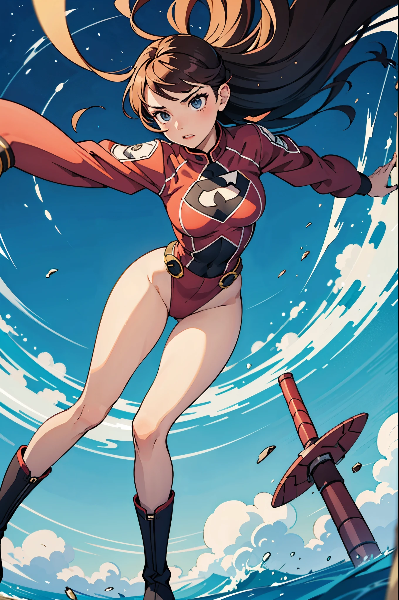 1girl, solo focus, superhero, leotard, highleg leotard, bare legs, boots, tight belt, mature lady, spinning her body in rapid speed like a tornado, wind swirls, rapid gyration, girl tornado spinning girl turning to a whirlwind
