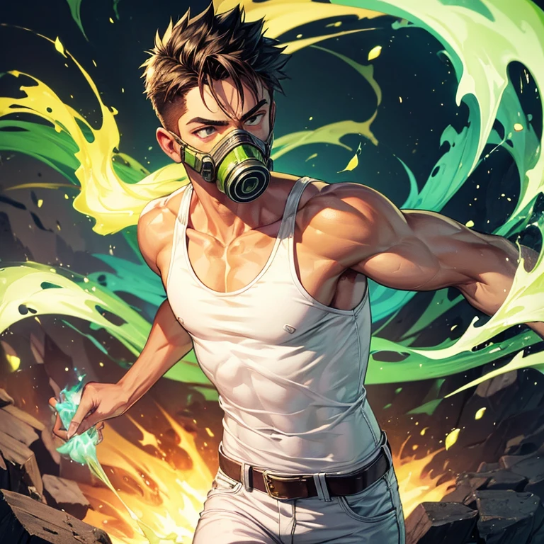 Man with a handful of green flames wearing a white tank top jeans and gas mask