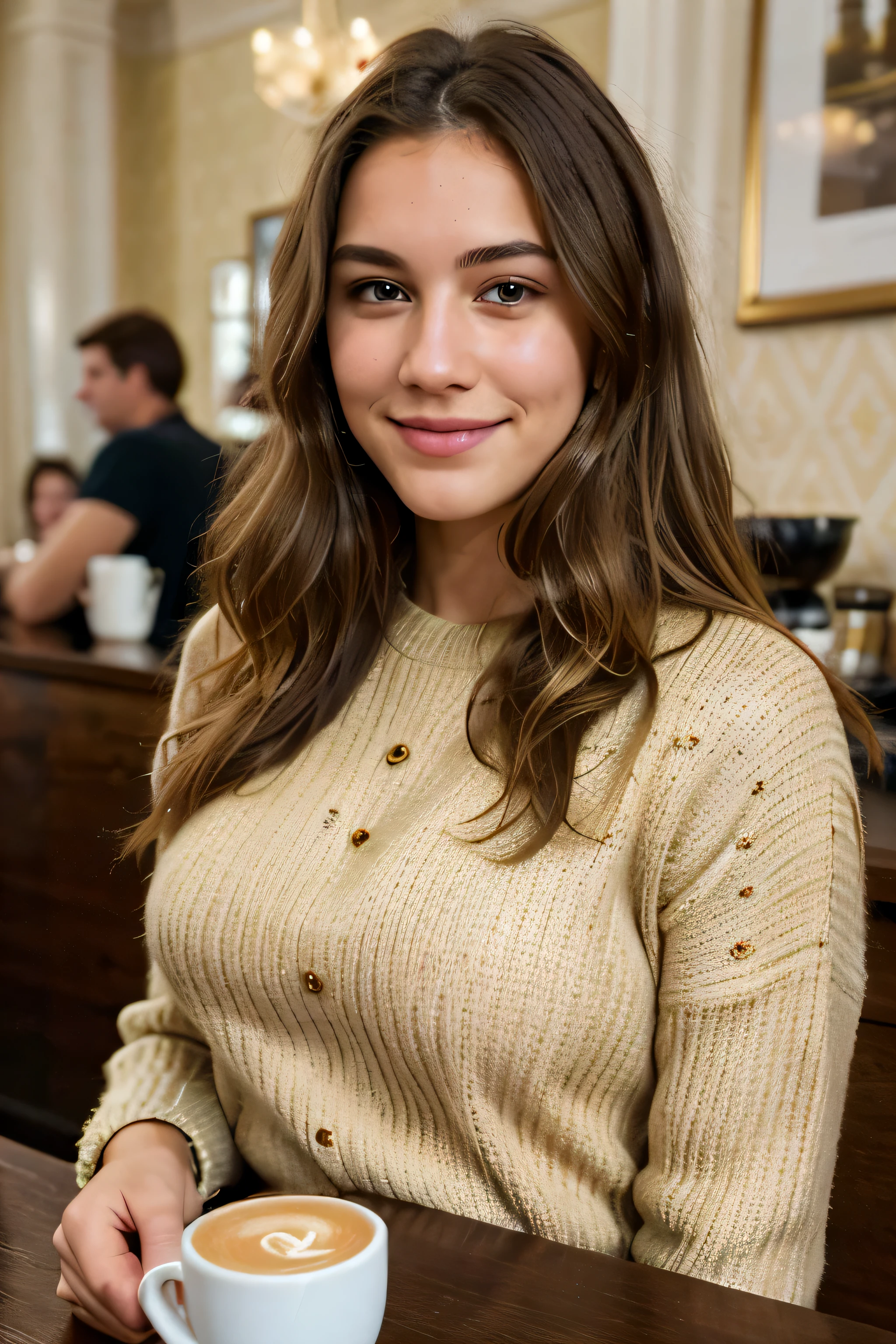 Beautiful brunette with blonde highlights wearing a gold sweater, (in a cafe drinking core ), highly detailed, 22 years old, smile face, natural wavy hair, blue eyes, high resolution, Masterpiece, Best quality, Intricate high detail, Highly detailed, Sharp focus, Detailed skin, realistic skin texture, texture, detailed eyes, professional, 4k, charming smile, shot on Canon, 85mm, shallow depth of field, Kodak Vision Color, Perfect Fit Body , extremely detailed, photography_\(ultra\), Photorealistic, Realistic, Post-processing, maximum details, roughness, real life, ultra realistic, Photorealism, photography, 8k UHD, photography, busty