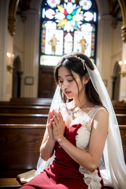 ((melhor qualidade)), ((obra de arte)), (detalhado), perfect face holding rosary in both hands holding a bible with rosary used in prayers sitting on the bench front view praying inside the church with image of angels in the background long red dress with white veil covering the head