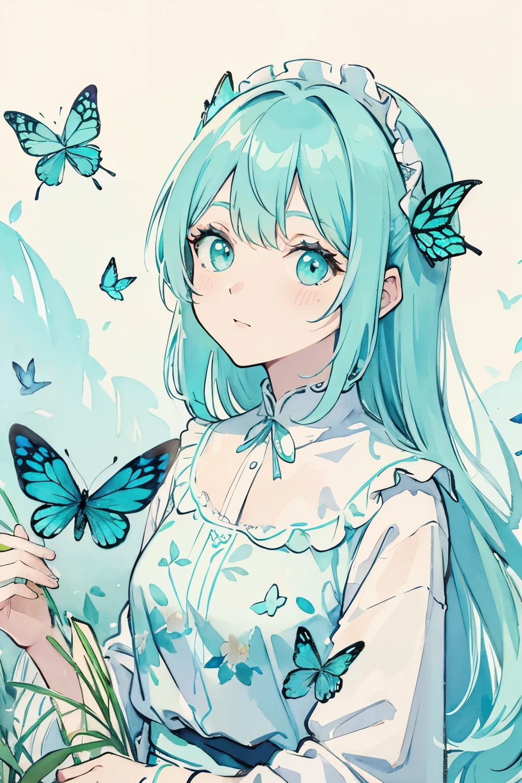 Painting in watercolor of flowers with ((cyan:1.2)) butterflies, #00FFFF