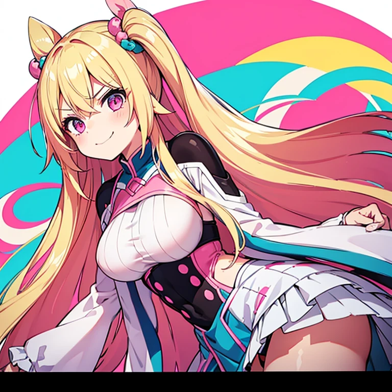 1 woman, waifu oppai, angry, smile challenging, long hair blonde with hair highlights pink, blue and pink eyes, green and white clothes, kawaii,