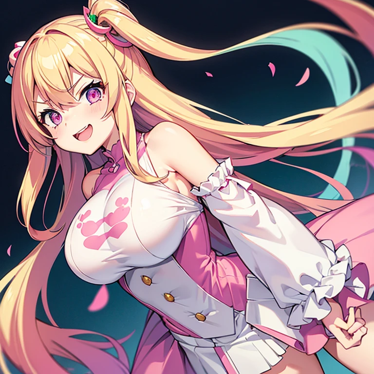 1 woman, waifu oppai, angry, smile challenging, long hair blonde with hair highlights pink, blue and pink eyes, green, pink and white clothes, kawaii,