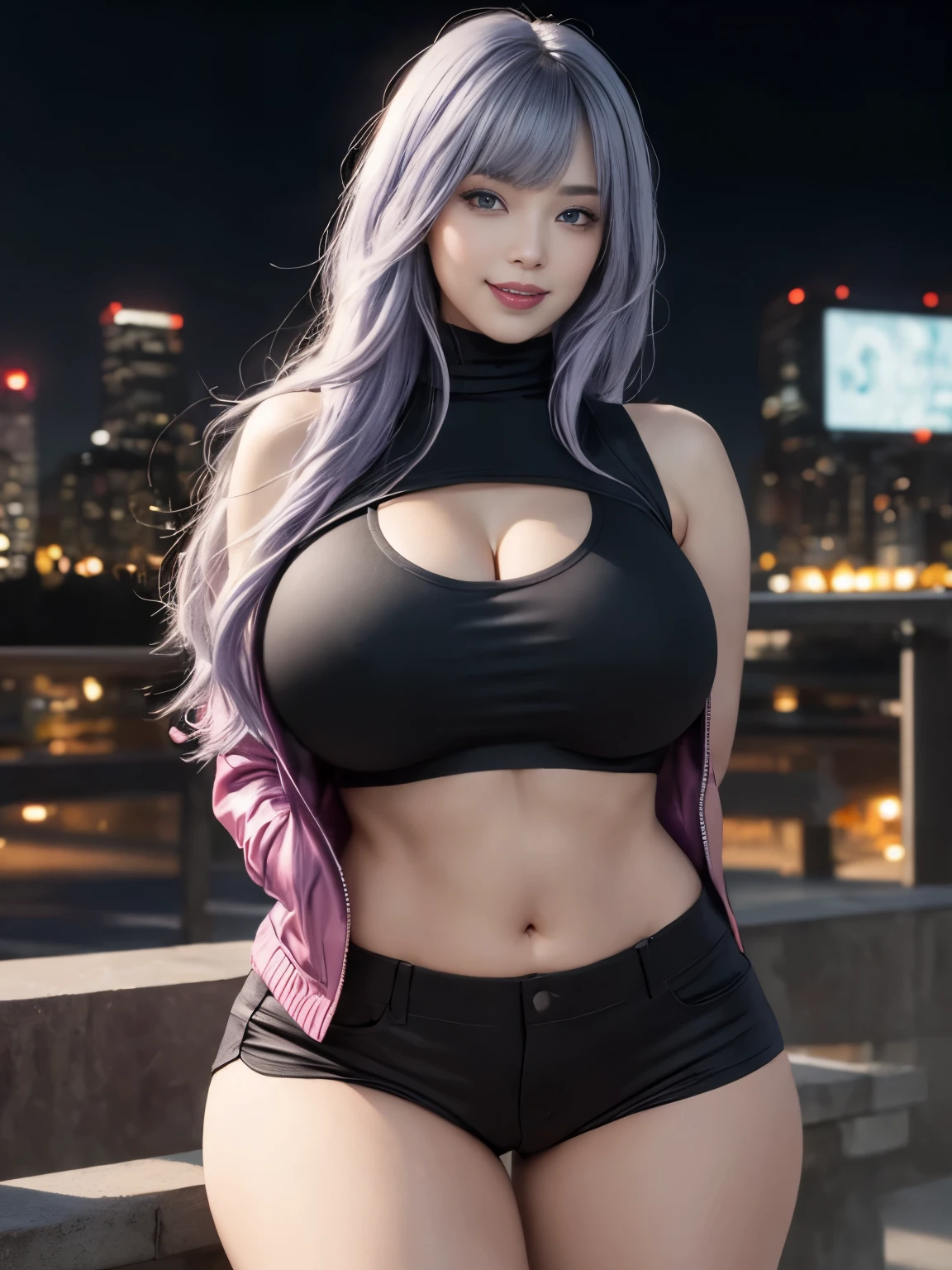 masterpiece, (photorealistic:1.4), best quality, beautiful lighting, black jacket, black shirt, black shorts, blue eyes, blunt bangs, breasts, cleavage cutout, clothing cutout, crop top, eyeshadow, gradient hair, grey hair, hair rings, jacket, light purple hair, looking at viewer, makeup, multicolored hair, navel, smile, red eyeshadow, shirt, shorts, sleeveless, sleeveless turtleneck, sleeveless turtleneck crop top, two-tone hair, , 8k uhd, film grain, 1girl, (gigantic breasts:1.2), big hips, big thighs, night city scenery,