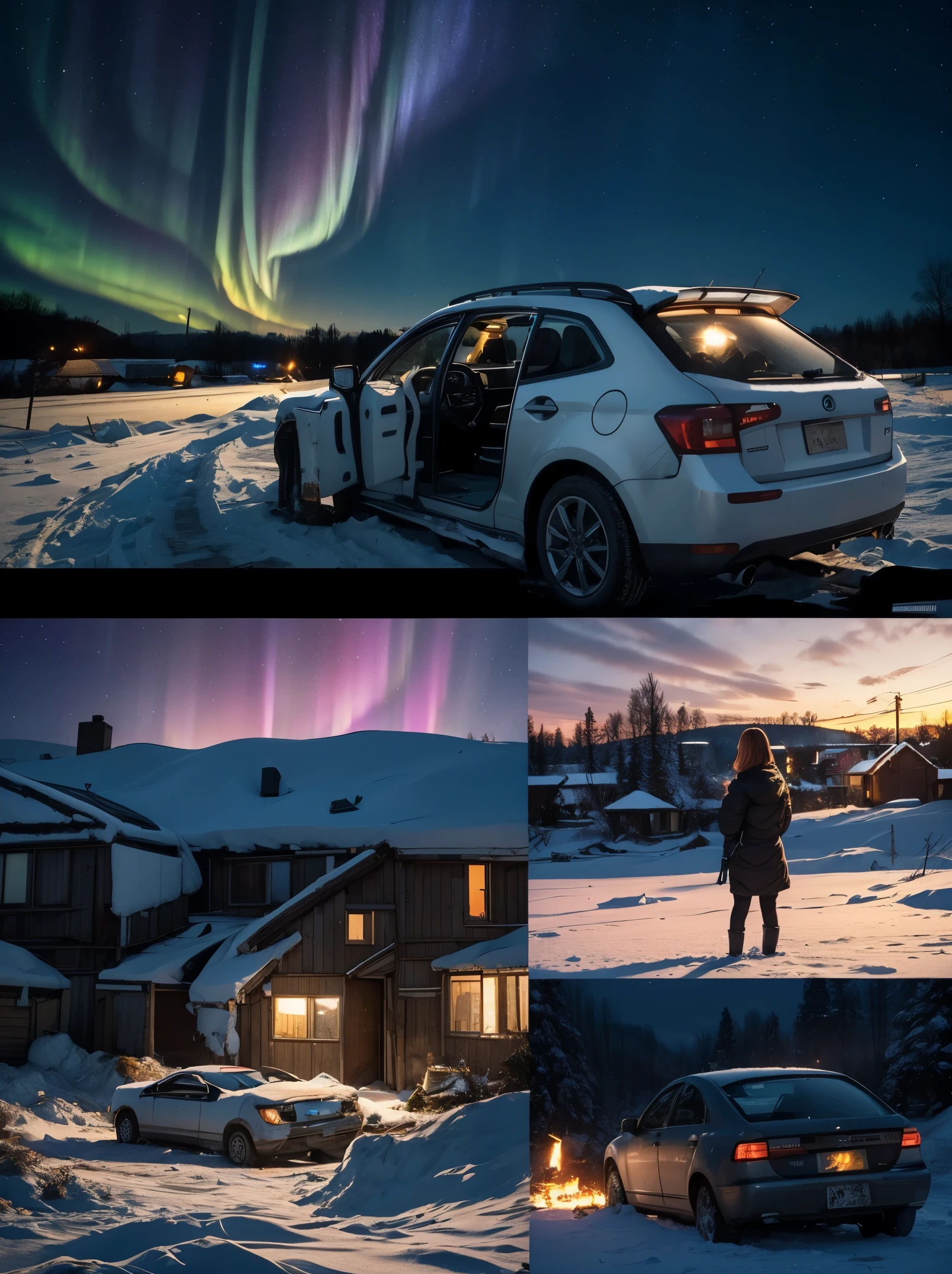 In the foreground, a pile of electronic waste. In the middle shot, a sexy young woman leans forward, looking at the pile of waste as if she were looking at the inside of a car engine.
In the background, a snowy village, a starry night, the northern lights.