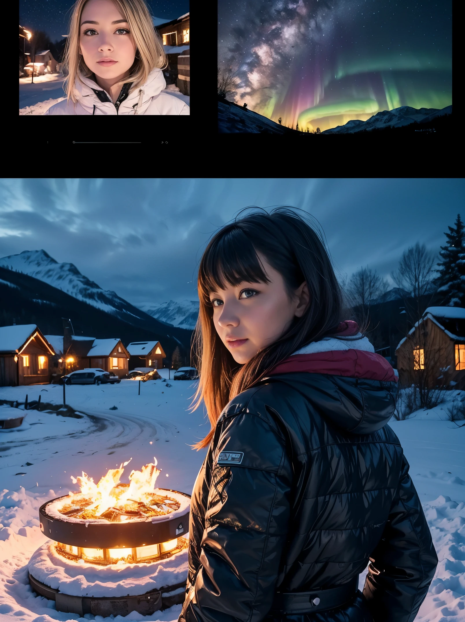 In the foreground, a pile of electronic waste. In the middle shot, a sexy young woman leans forward, looking at the pile of waste as if she were looking at the inside of a car engine.
In the background, a snowy village, a starry night, the northern lights.