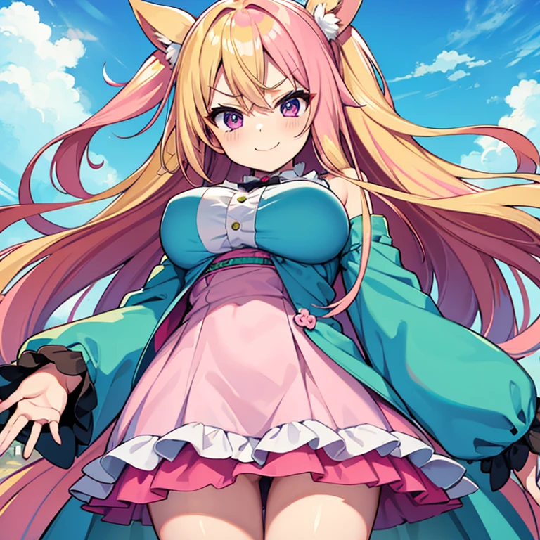 1 woman, waifu oppai, angry, smile challenging, long hair blonde with hair highlights pink, blue and pink eyes, green and white clothes, kawaii,