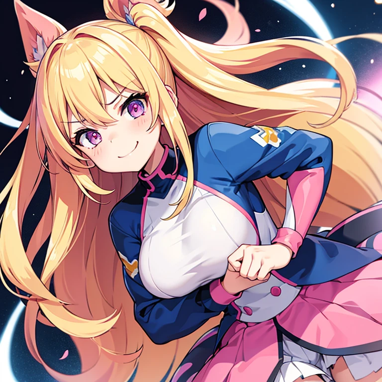 1 woman, waifu oppai, angry, smile challenging, long hair blonde with hair highlights pink, blue and pink eyes, yellow and white clothes, kawaii,