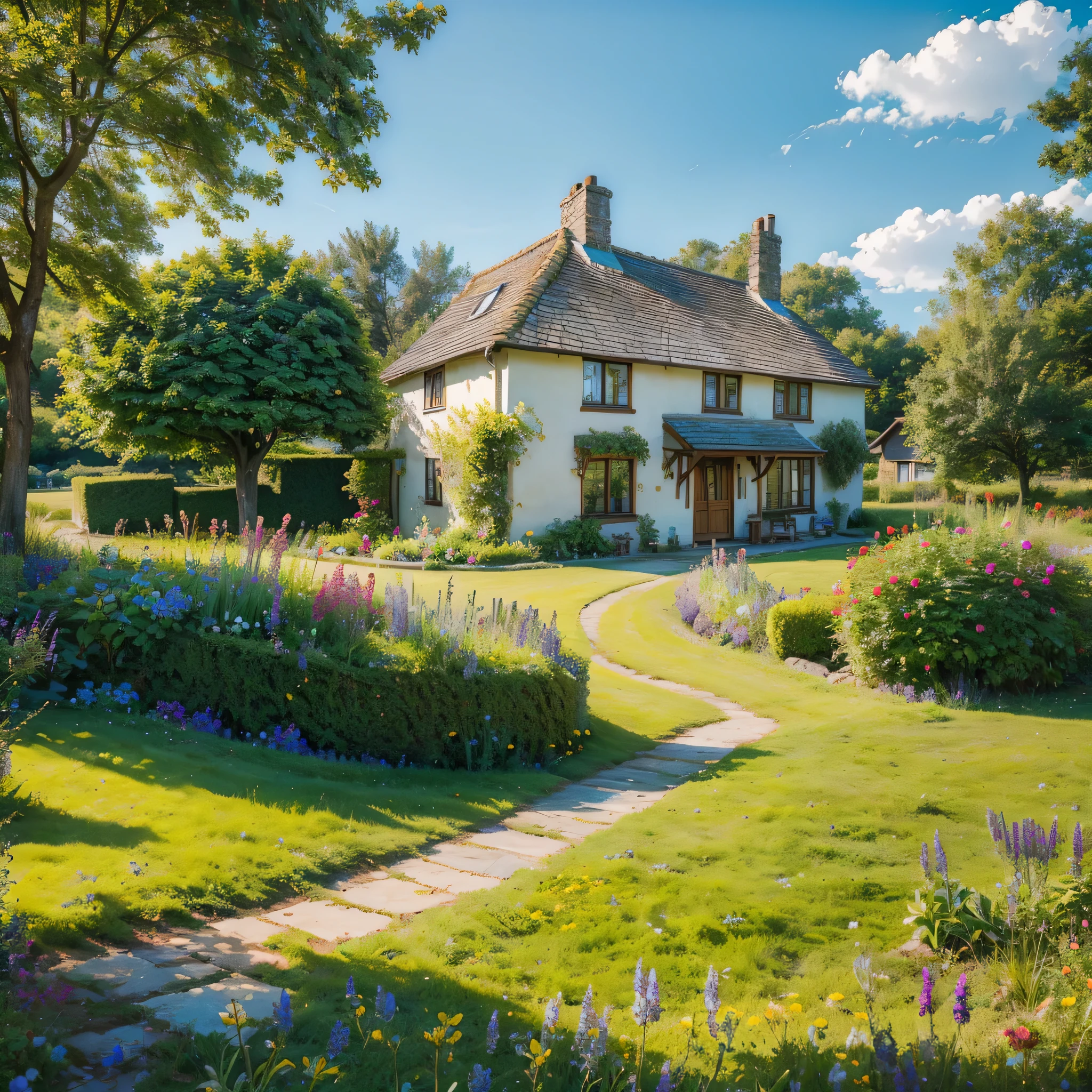 A quaint, picturesque cottage nestled in a serene countryside, surrounded by rolling hills, vibrant wildflowers, and a clear blue sky, radiating tranquility and happiness,