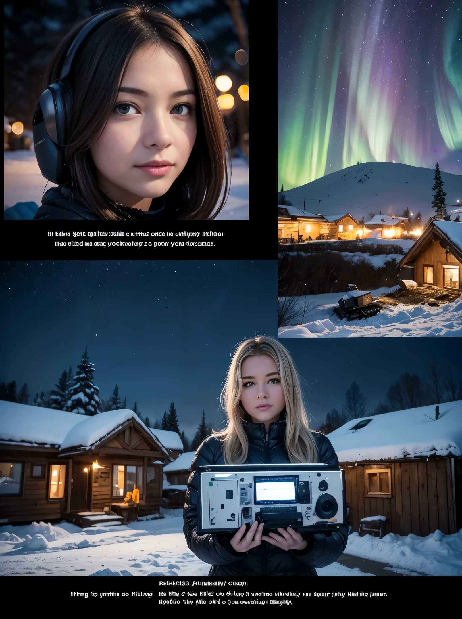 In the foreground, a pile of electronic waste. In the middle shot, a sexy young woman leans forward, looking at the pile of waste as if she were looking at the inside of a car engine.
In the background, a snowy village, a starry night, the northern lights.