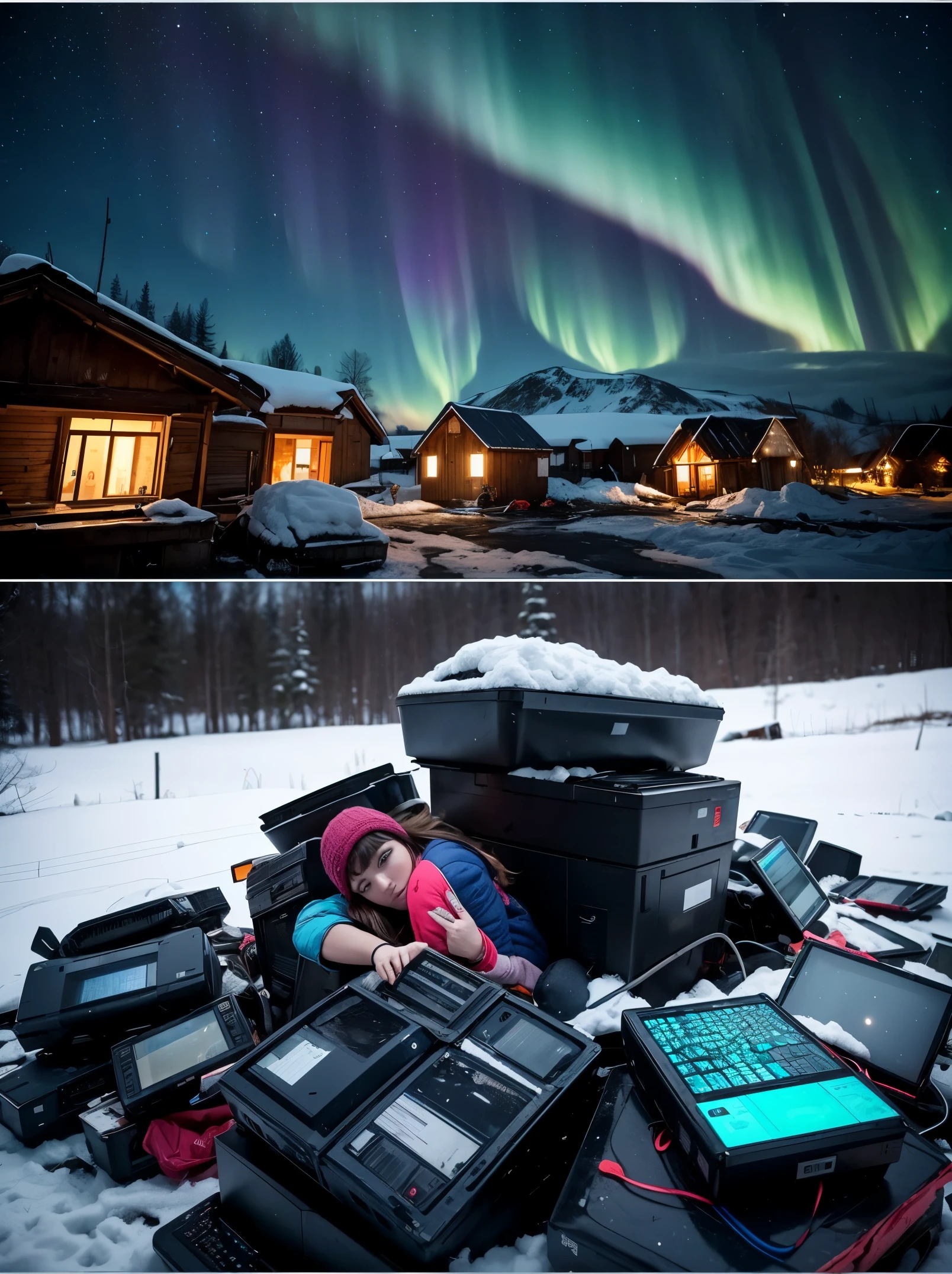 In the foreground, a pile of electronic waste. In the middle shot, a sexy young woman leans forward, looking at the pile of waste as if she were looking at the inside of a car engine.
In the background, a snowy village, a starry night, the northern lights.